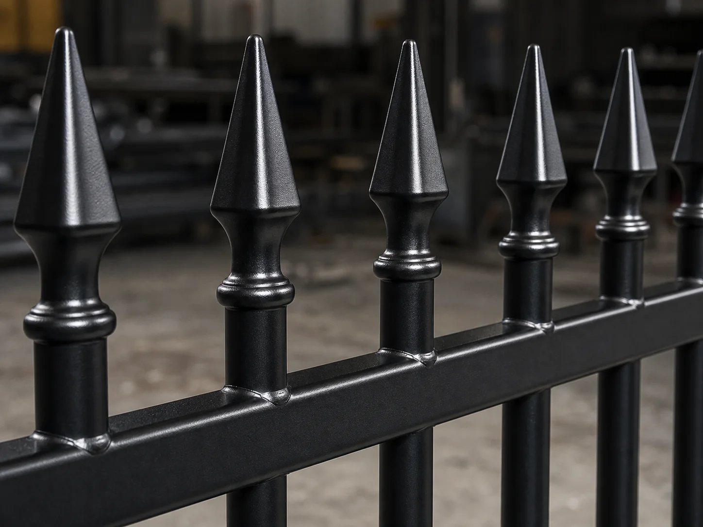 Specification close-up for spear top steel fence pickets, rails and posts