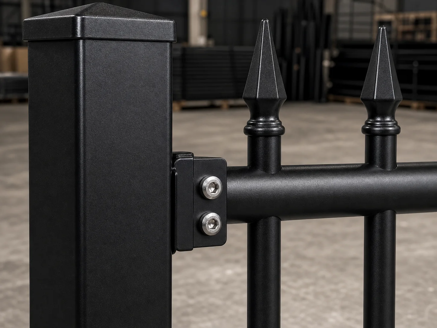 Tubular steel fencing rail and bracket connection detail
